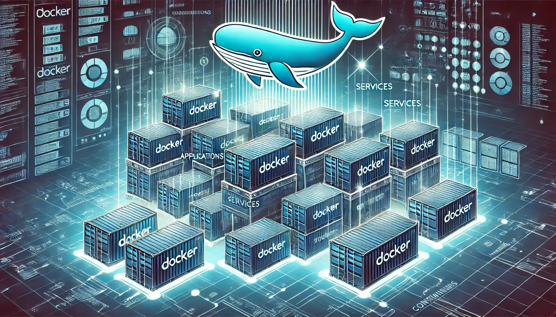 A-visually-captivating-illustration-representing-Docker-containers.-The-image-features-multiple-container-like-structures-resembling-shipping-containe