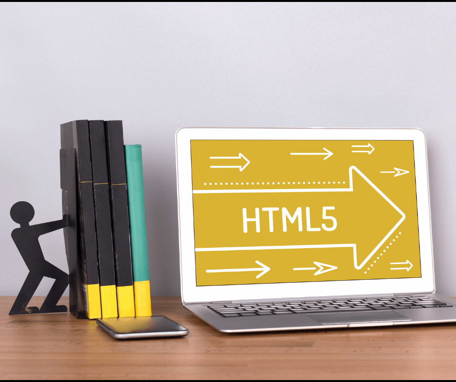 "Laptop displaying HTML5 logo in yellow with arrows, alongside a book holder designed as a stick figure pushing books, and a mobile phone placed on a wooden desk"