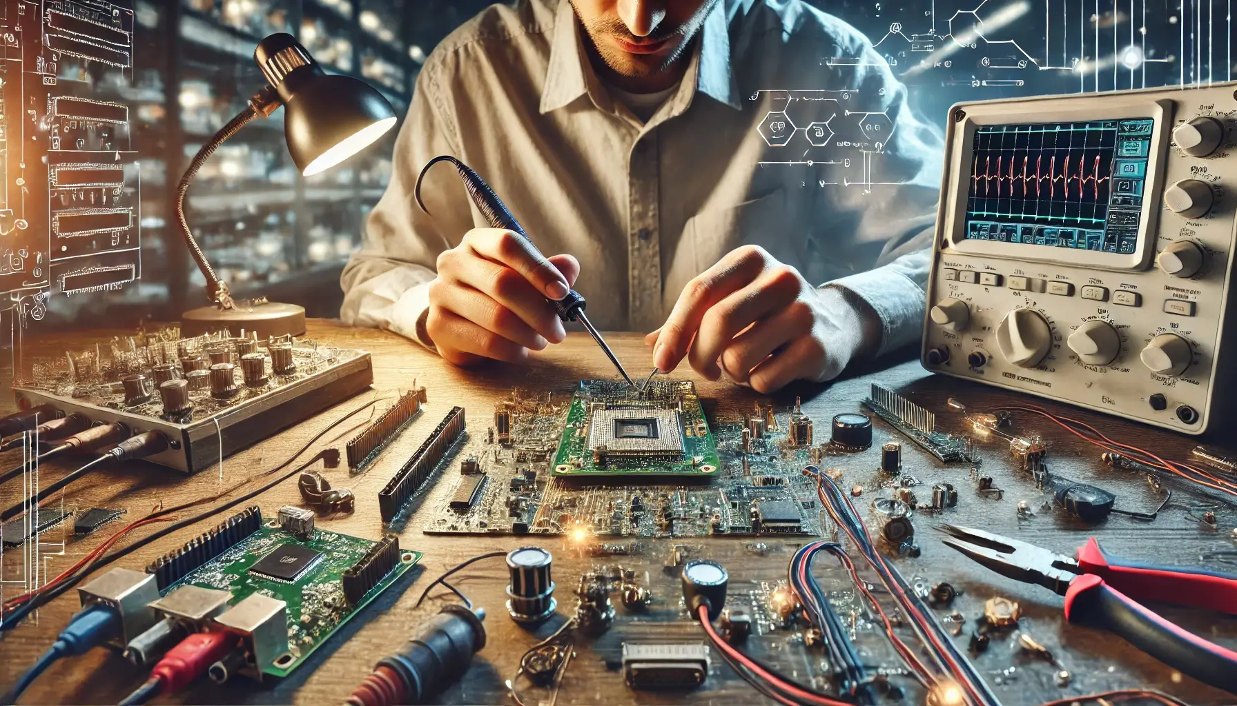 detailed-and-professional-image-of-an-engineer-working-on-an-embedded-bare-board-system.-The-engineer-is-soldering-or-testing-a-circuit