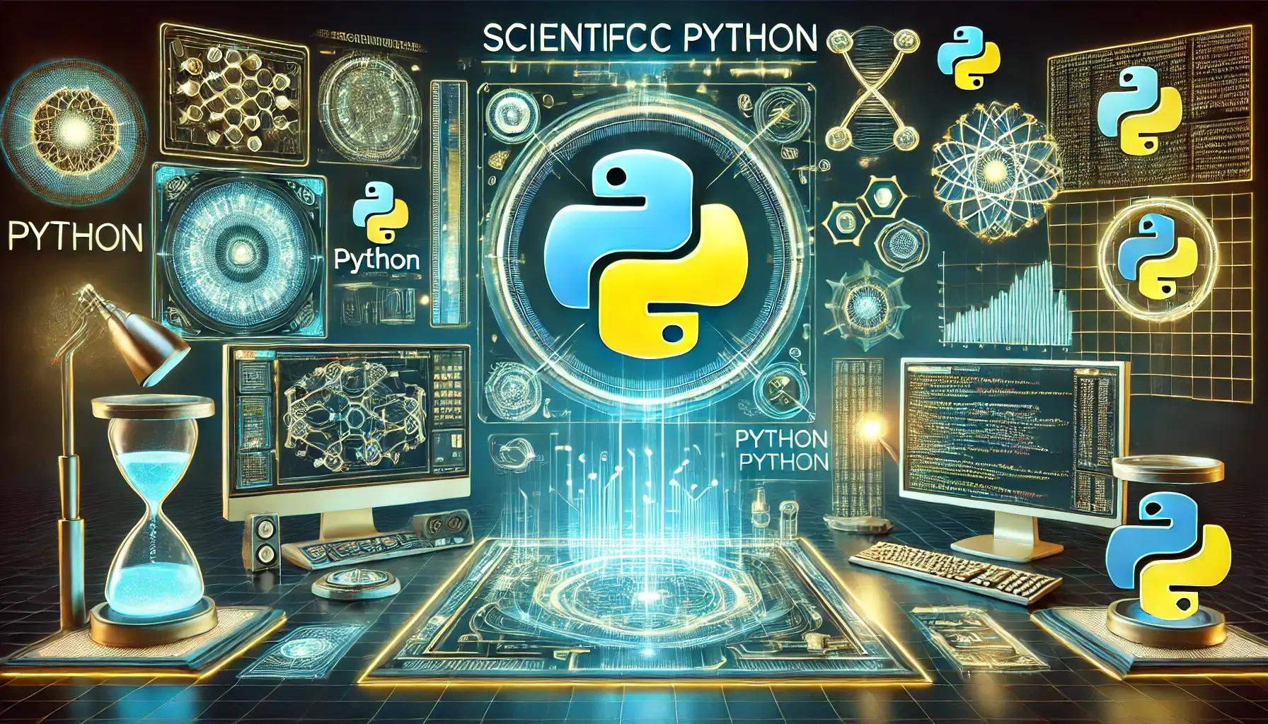 A-highly-technological-and-futuristic-image-representing-Scientific-Python.-The-design-features-the-Python-logo-prominently-displayed-in-a-digital-lab