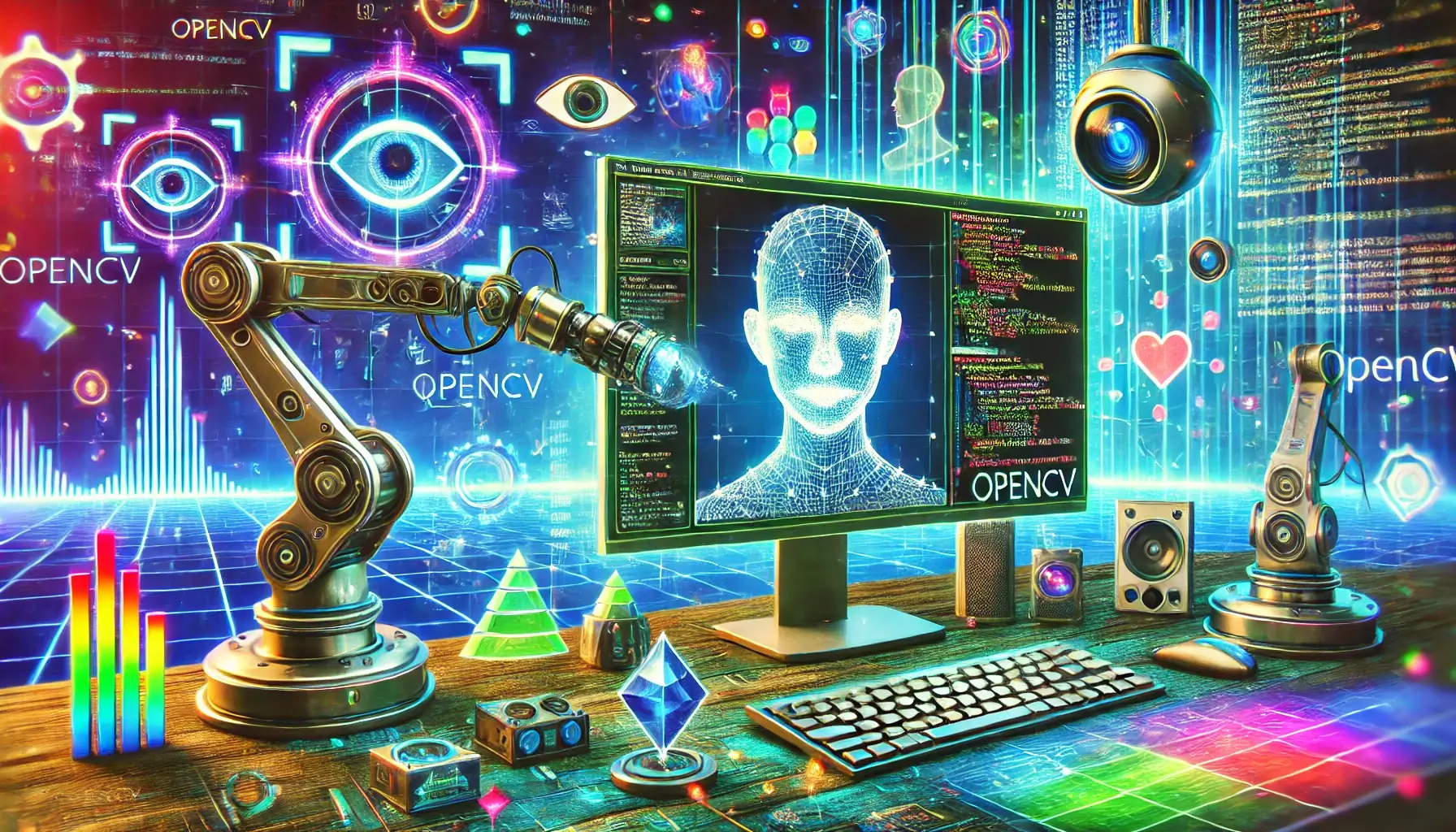 -A-vibrant-and-detailed-illustration-representing-OpenCV-Open-Source-Computer-Vision-Library.-The-image-showcases-a-digital-workspace-with-a-computer