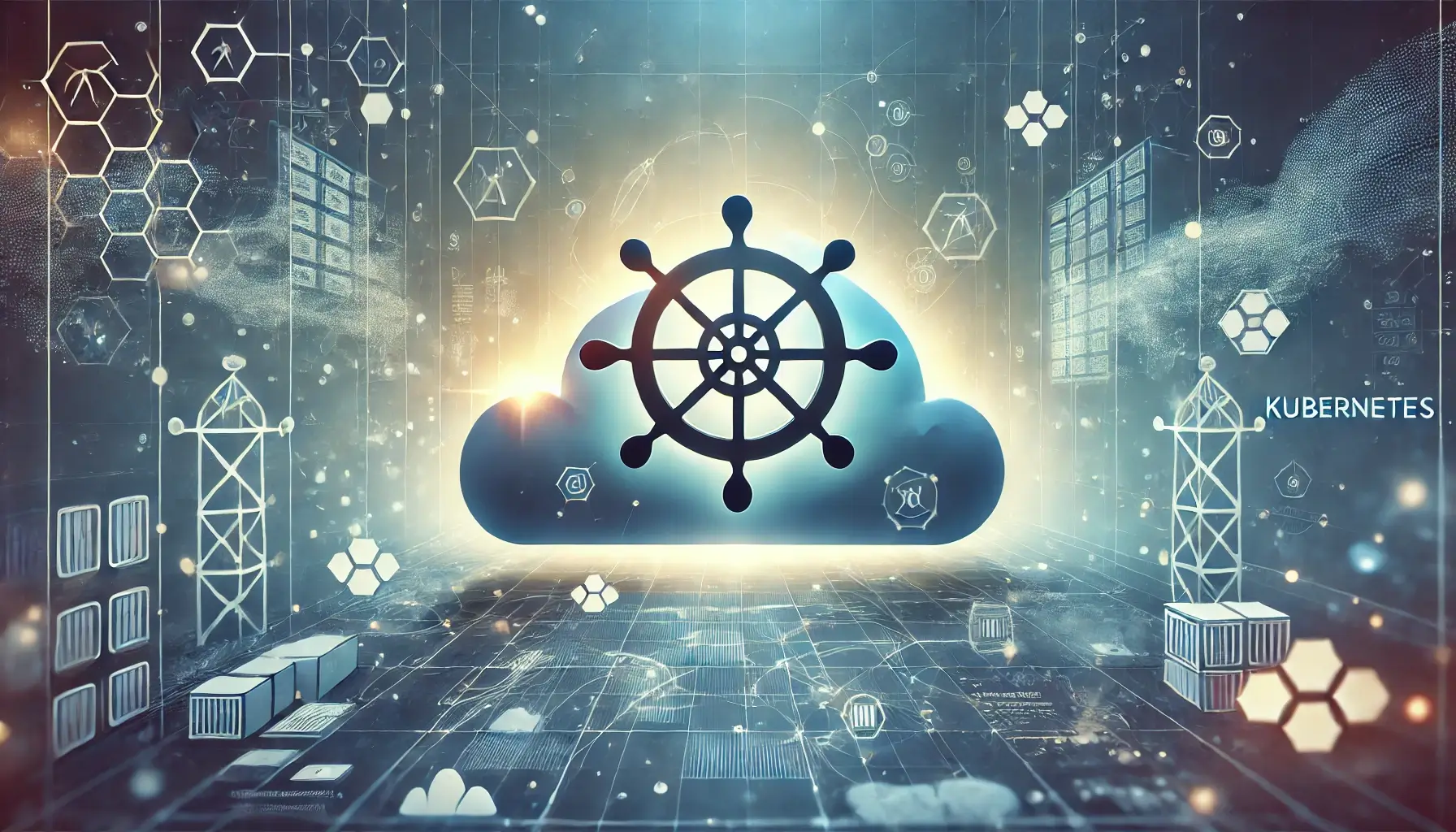 A-clean-and-tech-inspired-illustration-representing-Kubernetes.-The-design-features-the-Kubernetes-wheel-logo-prominently-in-the-center-