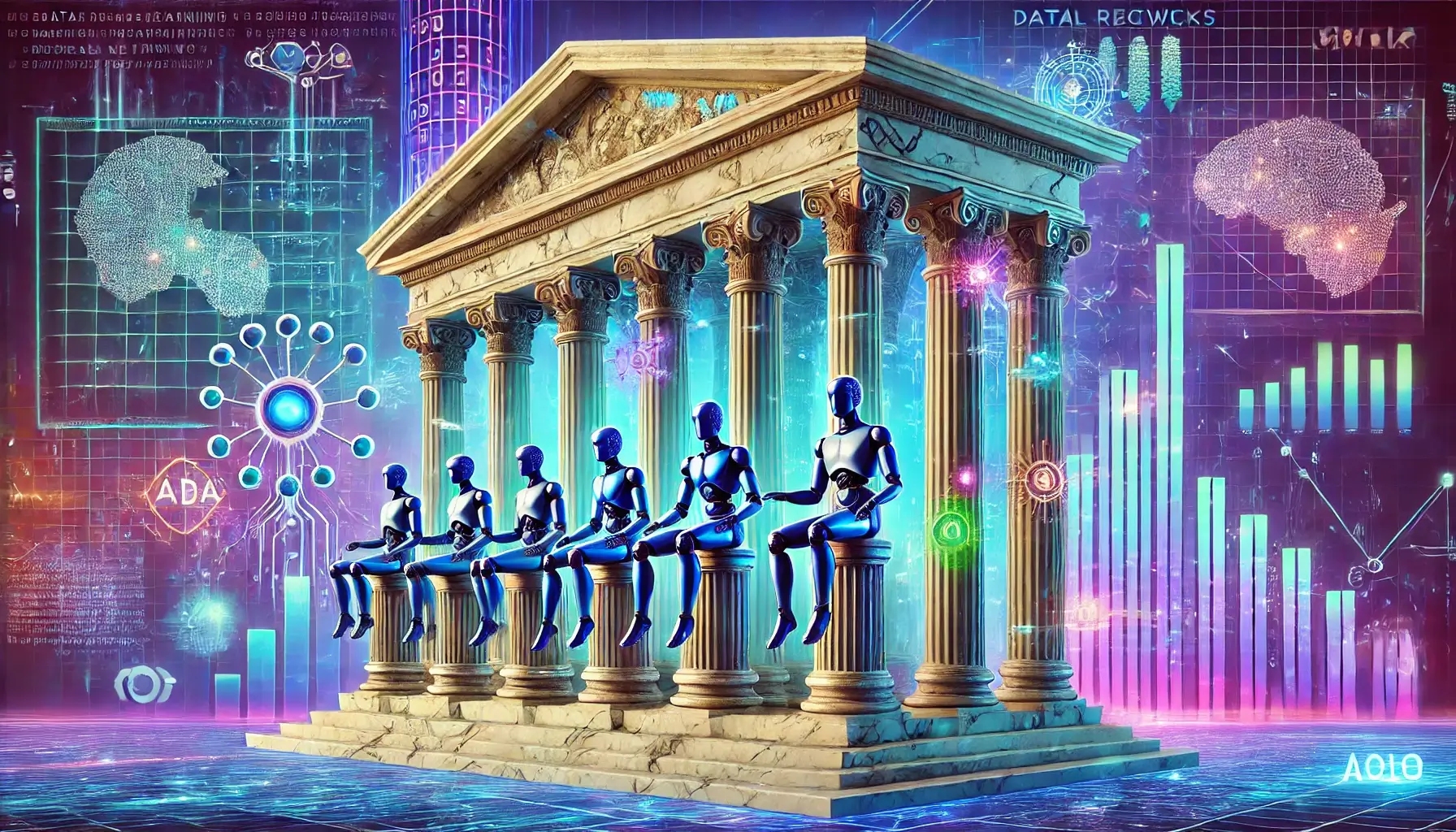 A-visually-striking-image-depicting-the-foundations-of-Machine-Learning-represented-as-Ionic-columns-with-robots