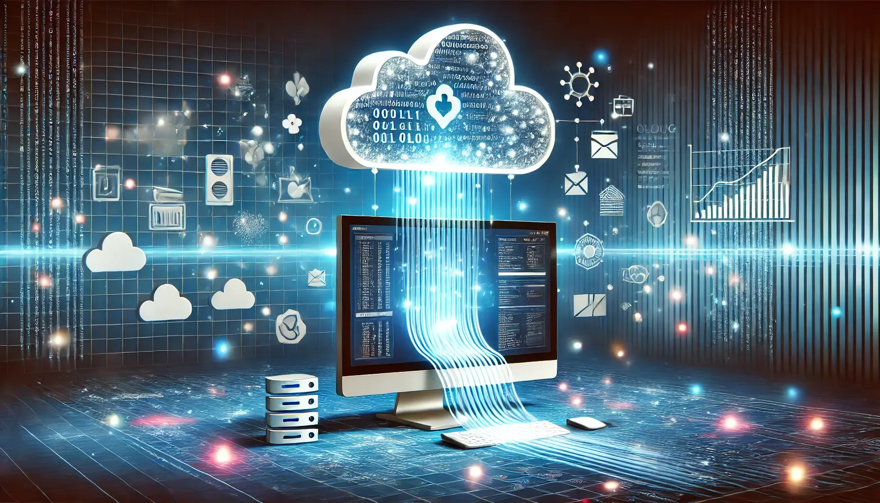 A-visually-striking-image-showing-a-stream-of-cloud-data-floating-into-a-monitor-machine.-The-design-features-a-glowing-cloud-above-