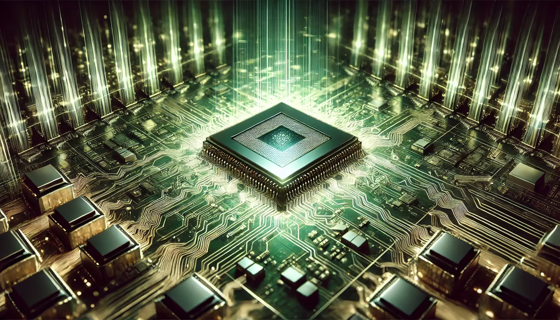 A-digital-art-image-of-glowing-computer-processors-arranged-in-a-futuristic-pattern-on-a-greenish-background.-The-processors-emit-a-soft-neon-glow