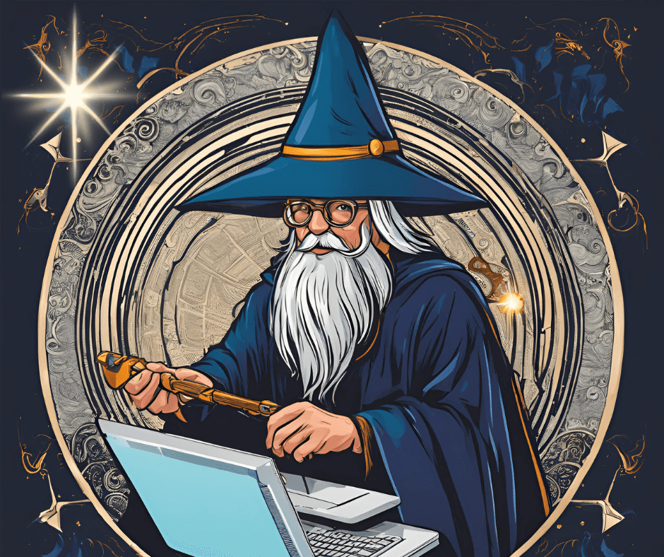 wizard playing his laptop