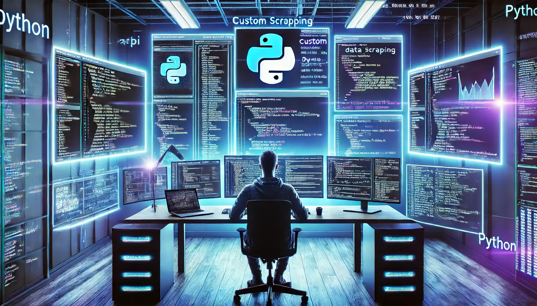 A-modern-workspace-with-multiple-screens-displaying-Python-code-for-data-gathering-and-automation.-A-programmer-is-working-with-custom-data-scraping