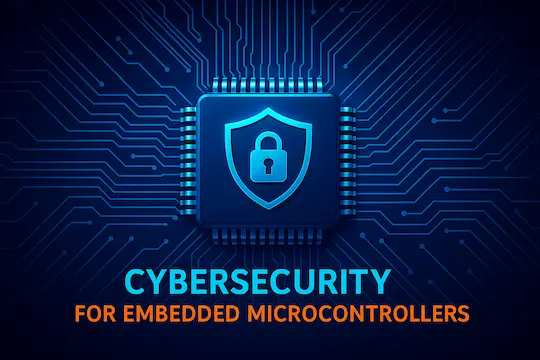 Illustration of a microcontroller chip with a shield and padlock icon, representing a cybersecurity course for embedded microcontrollers